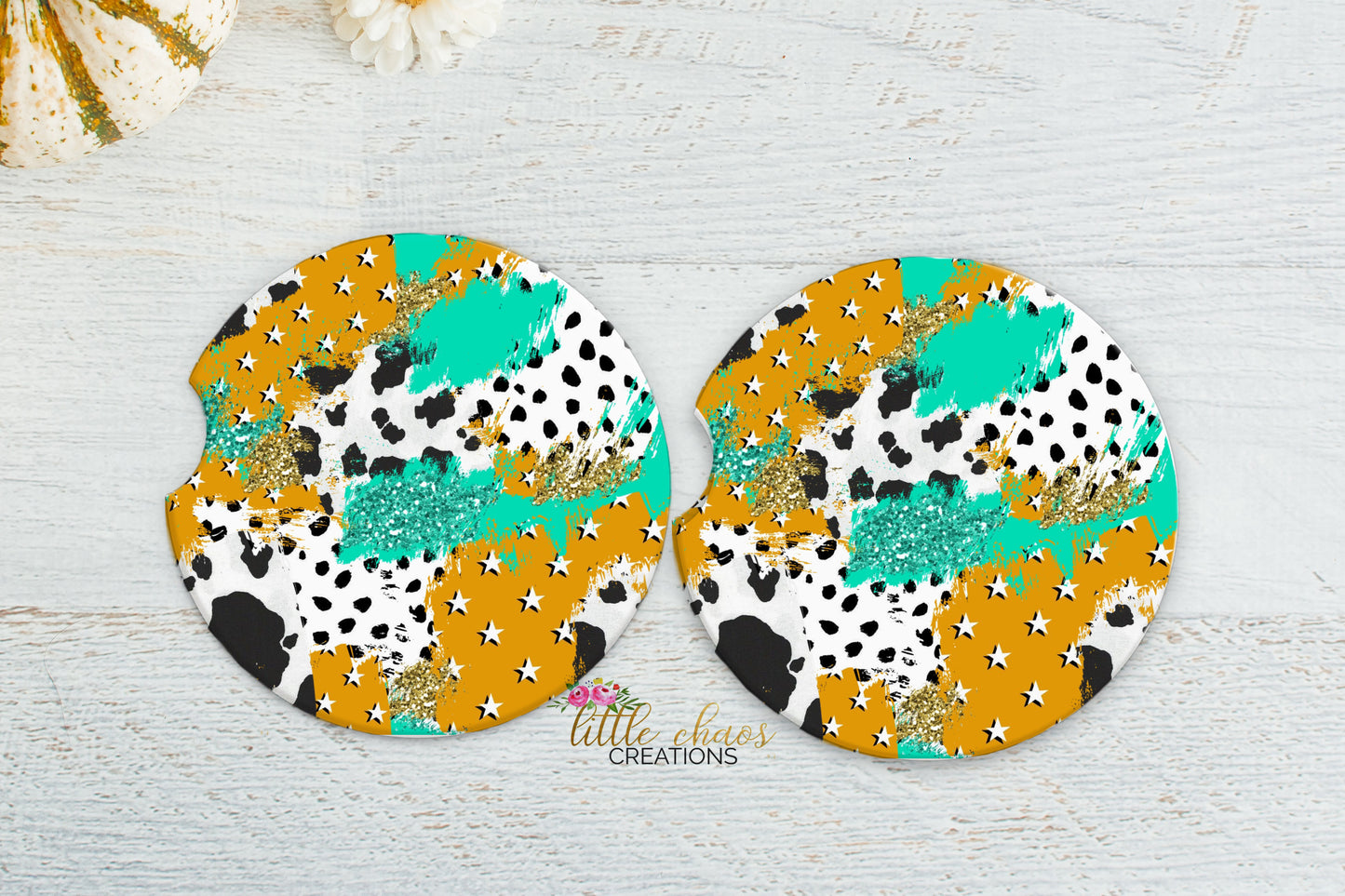 Mustard cow print car coaster